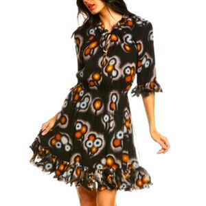 JASON WU Women's Printed V Neck Silk Dress W/ SCULPTURAL Ruffle, SMALL